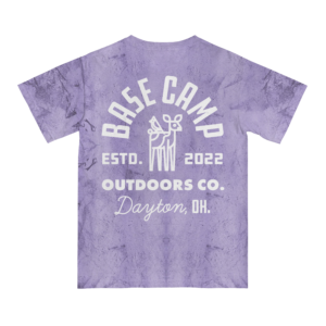 Purple crystal died t-shirt with Base Camp Outdoors Co, ESTD 2022, Dayton, OH and Deer logo