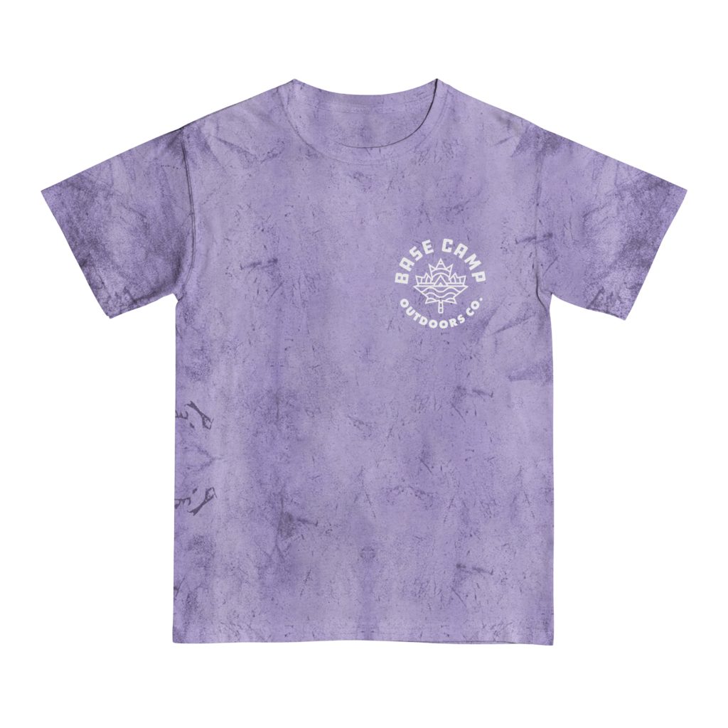Purple crystal died t-shirt with round Base Camp logo