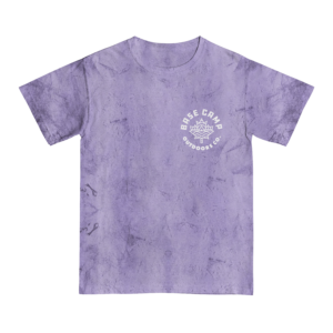 Purple crystal died t-shirt with round Base Camp logo