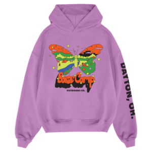 Purple hooded sweatshirt with butterfly, base camp, and Dayton, OH on sleeve