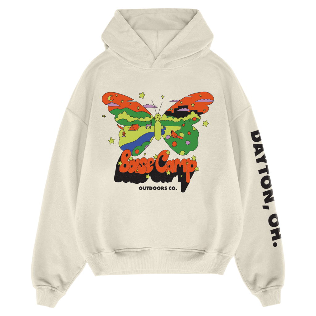 Ivory colored hooded sweatshirt with butterfly, base camp, and Dayton, OH on sleeve
